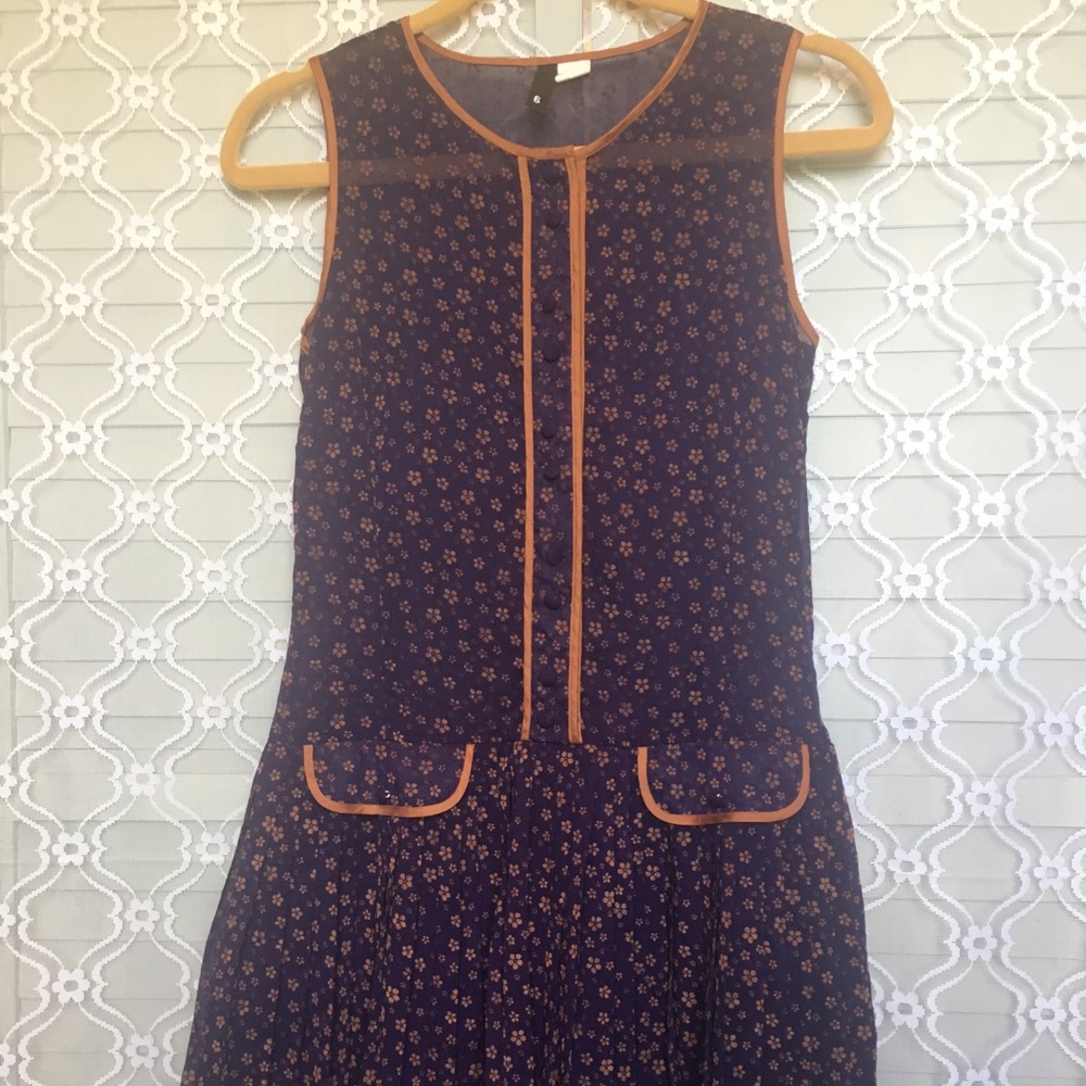 Vintage Velvet Pleated Navy Button Dress